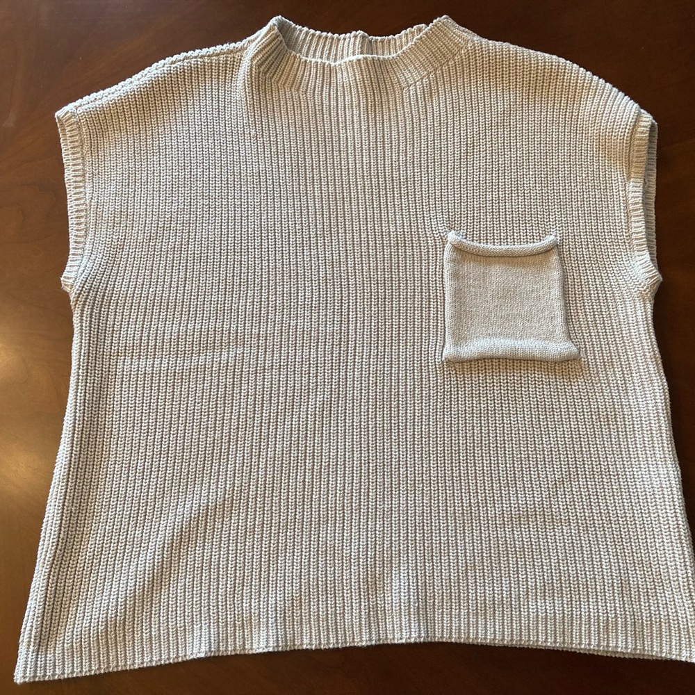 Zenana Chunky Knit Cotton Sweater Vest Oatmeal Pocket Size M - Picture 2 of 7